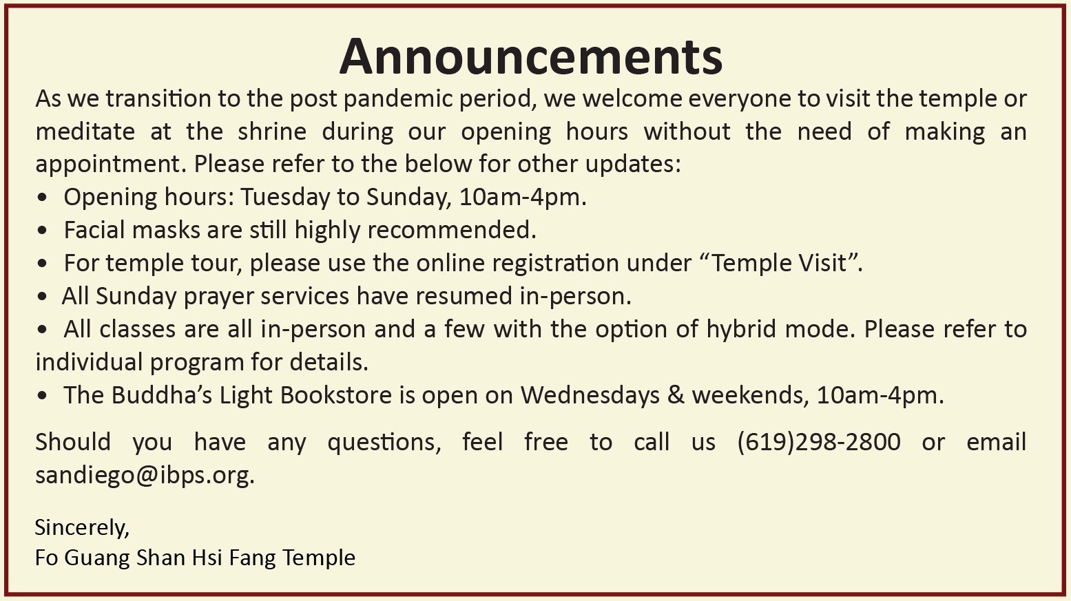 Hsi Fang Temple Announcement